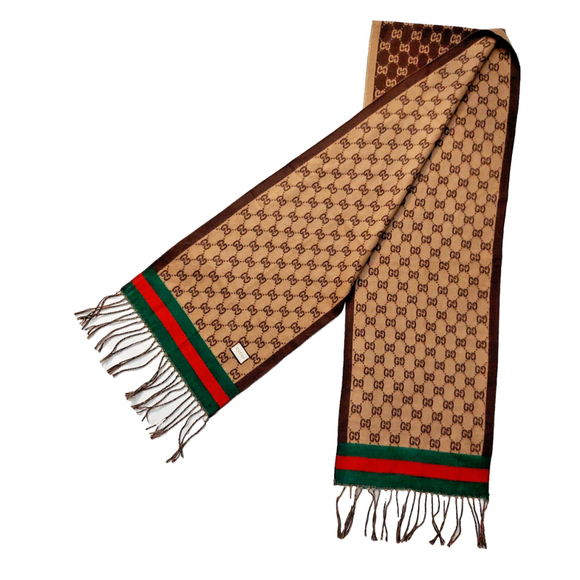 Gucci Brown & Tan GG Print w/ Green & Red Stripes Reversible Scarf Pre-owned - Picture 4 of 16